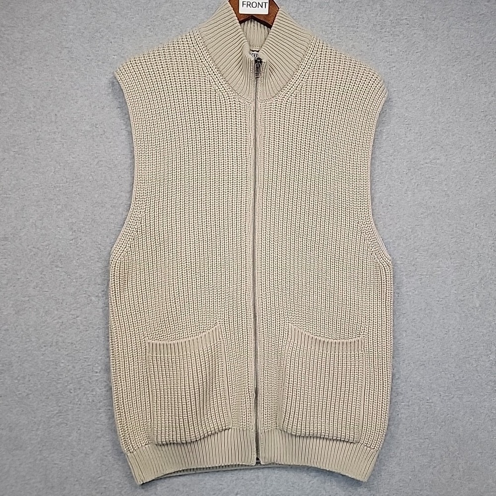 ZARA Long Sweater Vest Beige Chunky Knit Ribbed Pockets Zip Front Mock Neck L/XL